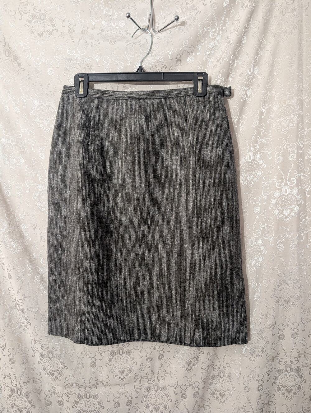 Brooks Brothers Wool Silk Herringbone Midi Pencil Skirt Gray 10 Office